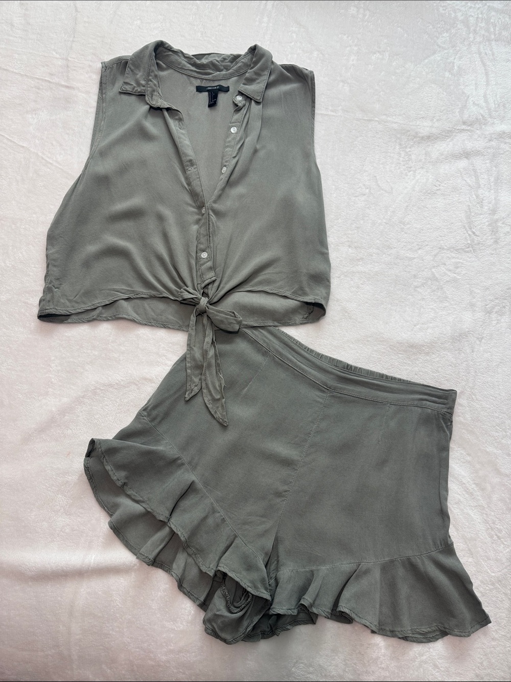 Forever21 Olive Green Sleeveless Tie-Front Top & Ruffle Hem Shorts Set